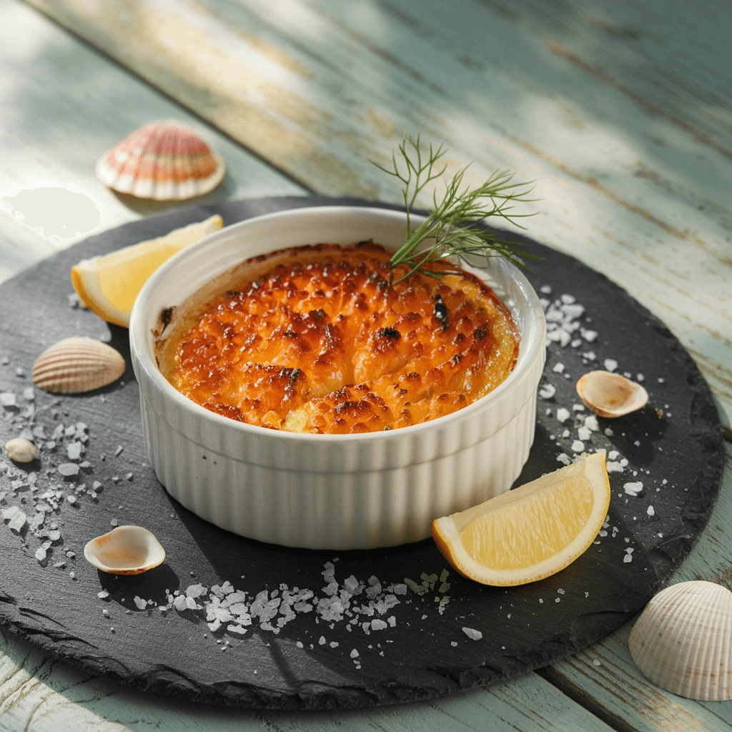 Crab Brûlée Recipe – Creamy seafood custard with a crisp, caramelized Parmesan topping, served in a white ramekin.