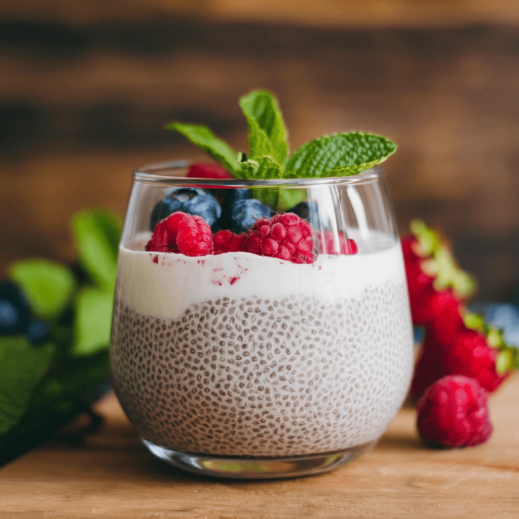 Rich and creamy chia pudding garnished with dried fruits and nuts, a delicious and healthy treat.